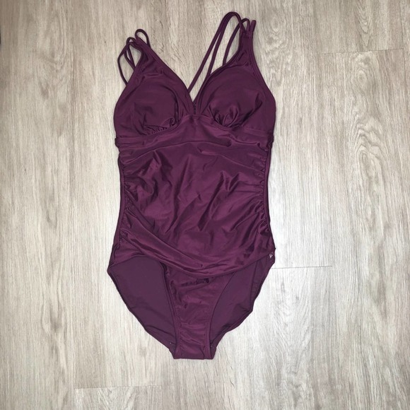 Merona Women's Plum Shirred Front Strappy Cross Back One Piece Swimsuit sz S - Picture 3 of 4